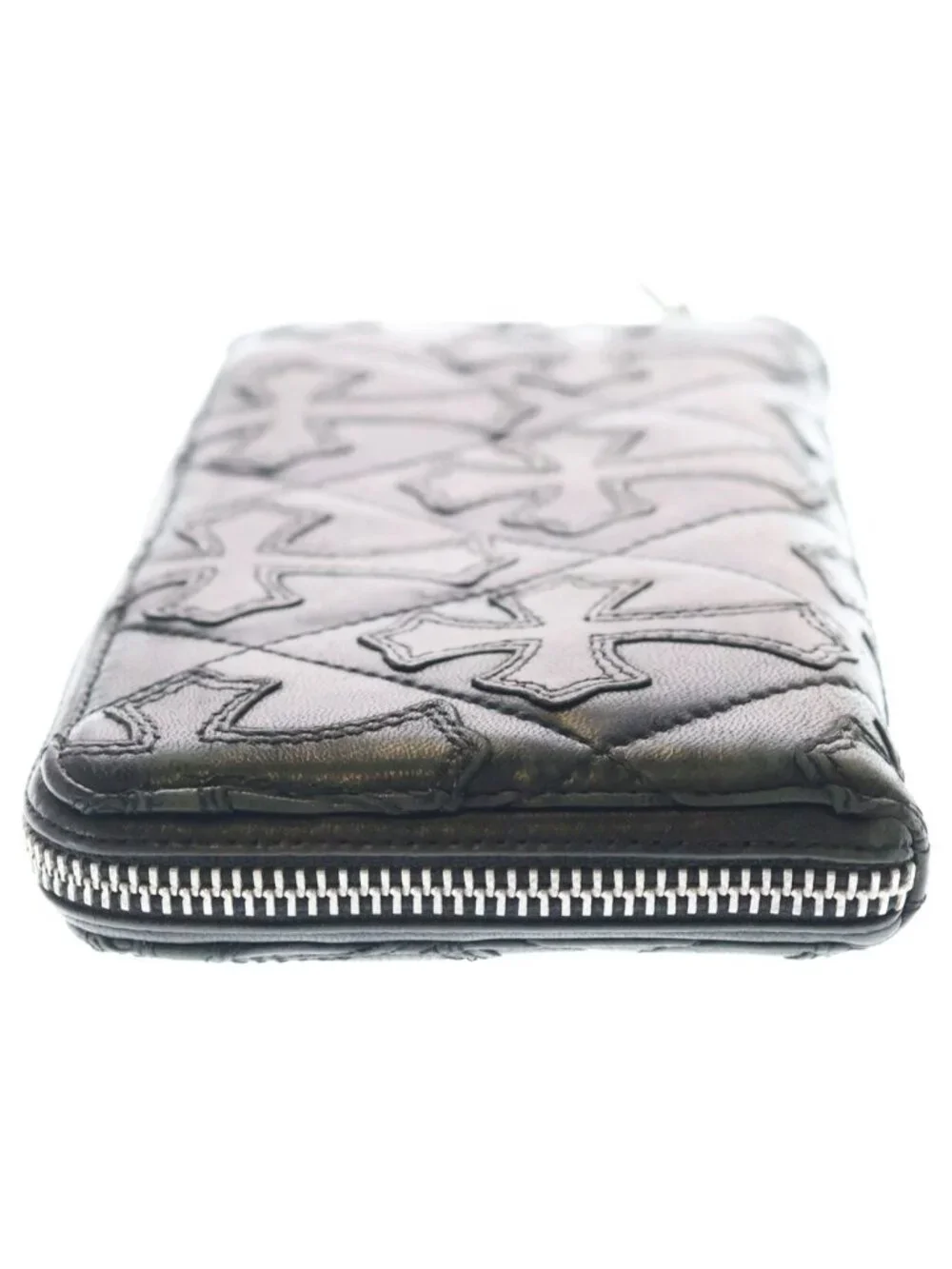 Chrome Hearts Rec Zip Quilted Wallet Cemetery Cross Leather Black